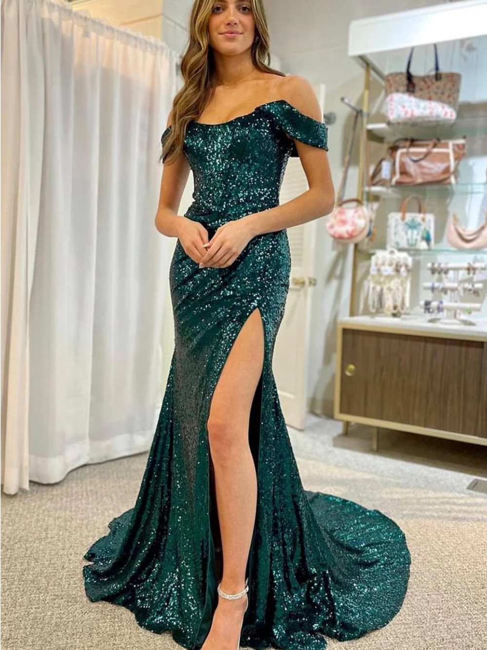 Sherri Hill Emerald Green Off-Shoulder Sequin Gown with High Slit